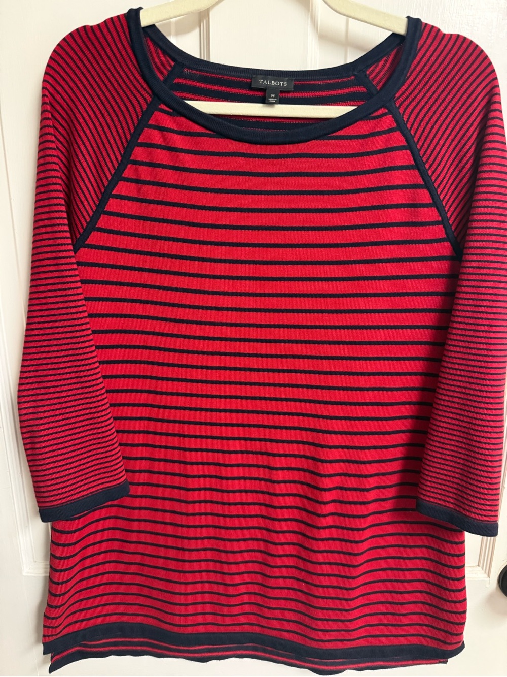 Talbots Red and Black Striped Raglan Long Sleeve Tee